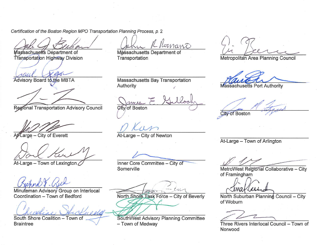 Certification Statement: These pages list the ten requirements of the transportation planning process to be conducted by Metropolitan Planning Organizations (MPOs), and certify that the Boston Region MPO complies with these requirements. The certification of the Transportation Planning Process is signed by the members of the Boston Region MPO members, with the exception of: